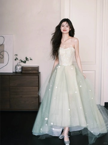 Classy A Line Sweetheart Neck Floral Green Tulle Prom Dress Party Dresses HZ1023